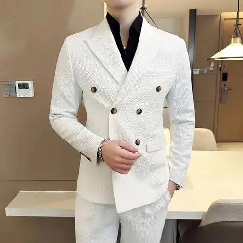 (Jacket & Pants) Premium Double-Breasted Men's Business Suit: Tailored Set for Groom's Wedding Dress or Casual Tuxedo Look