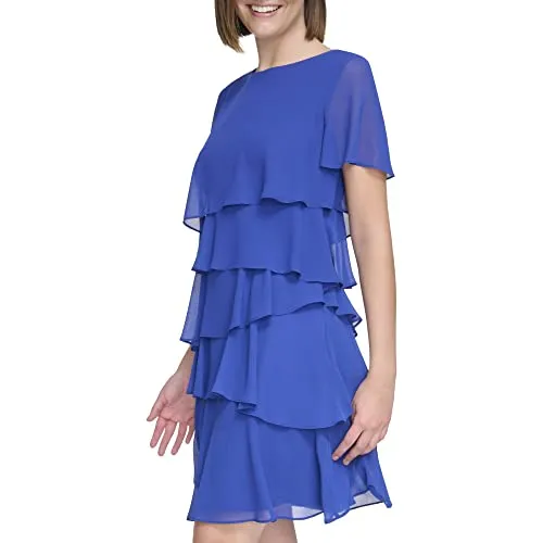 Jessica Howard Women's Chiffon Tiered Style Short Sleeve-Guest of Wedding Dress, Royal, 4 Petite