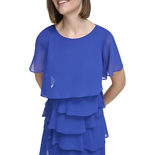 Jessica Howard Women's Chiffon Tiered Style Short Sleeve-Guest of Wedding Dress, Royal, 4 Petite