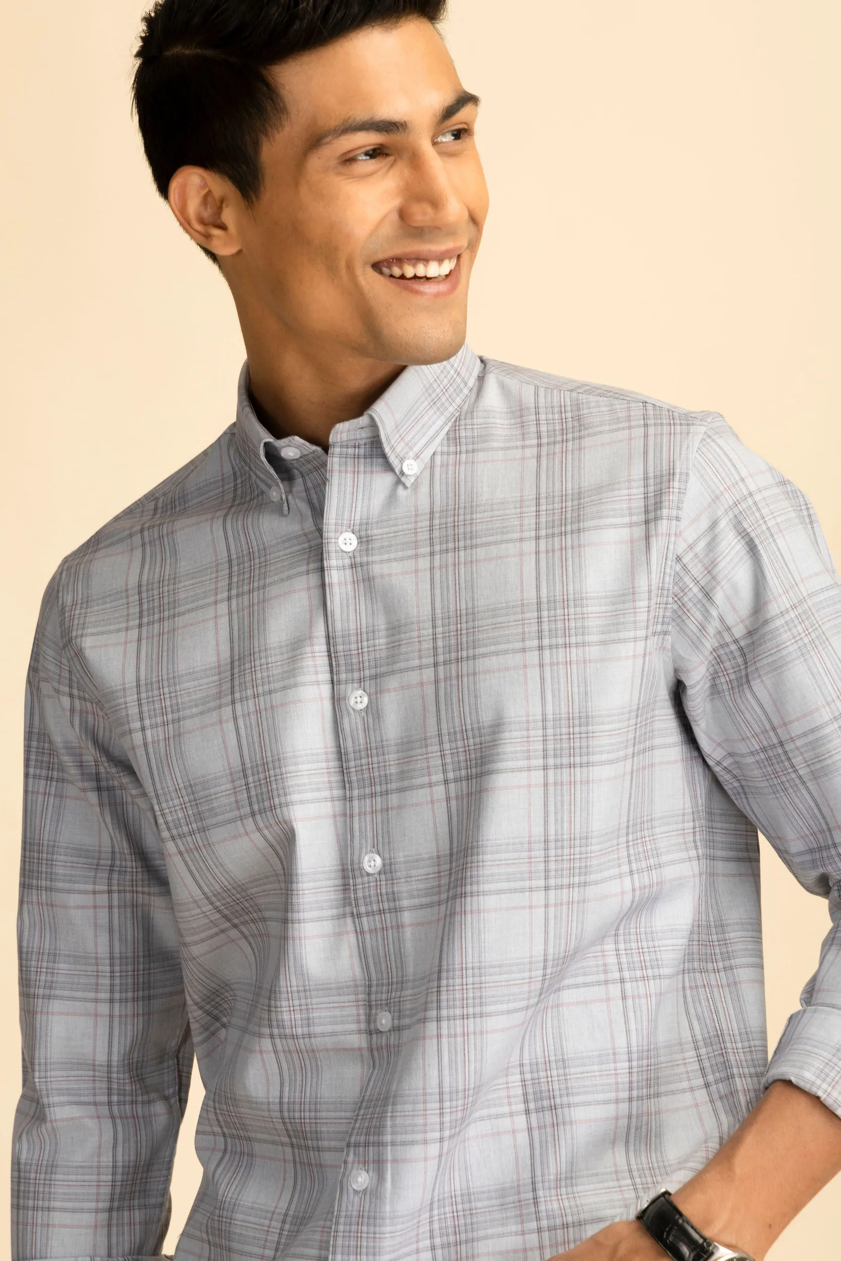 Light Grey Button-Down Check Shirt