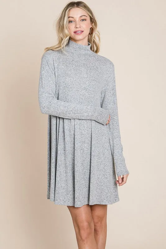 Light Grey Turtle Neck Hacci Pleated layered Swing Dress