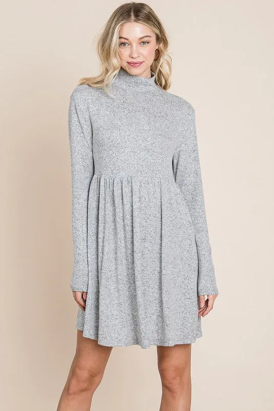 Light Grey Turtle Neck Hacci Pleated layered Swing Dress