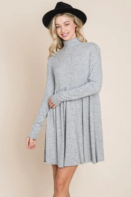 Light Grey Turtle Neck Hacci Pleated layered Swing Dress