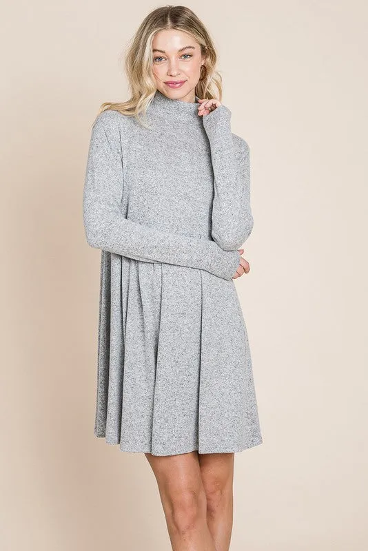 Light Grey Turtle Neck Hacci Pleated layered Swing Dress