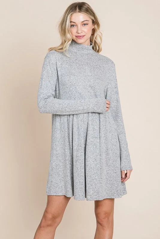 Light Grey Turtle Neck Hacci Pleated layered Swing Dress