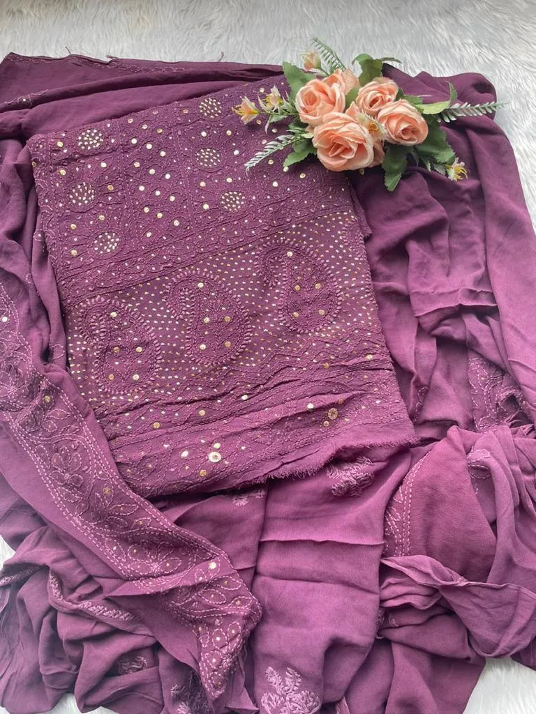 Magenta Purple Chikankari Unstitch Suits - Royal Collection