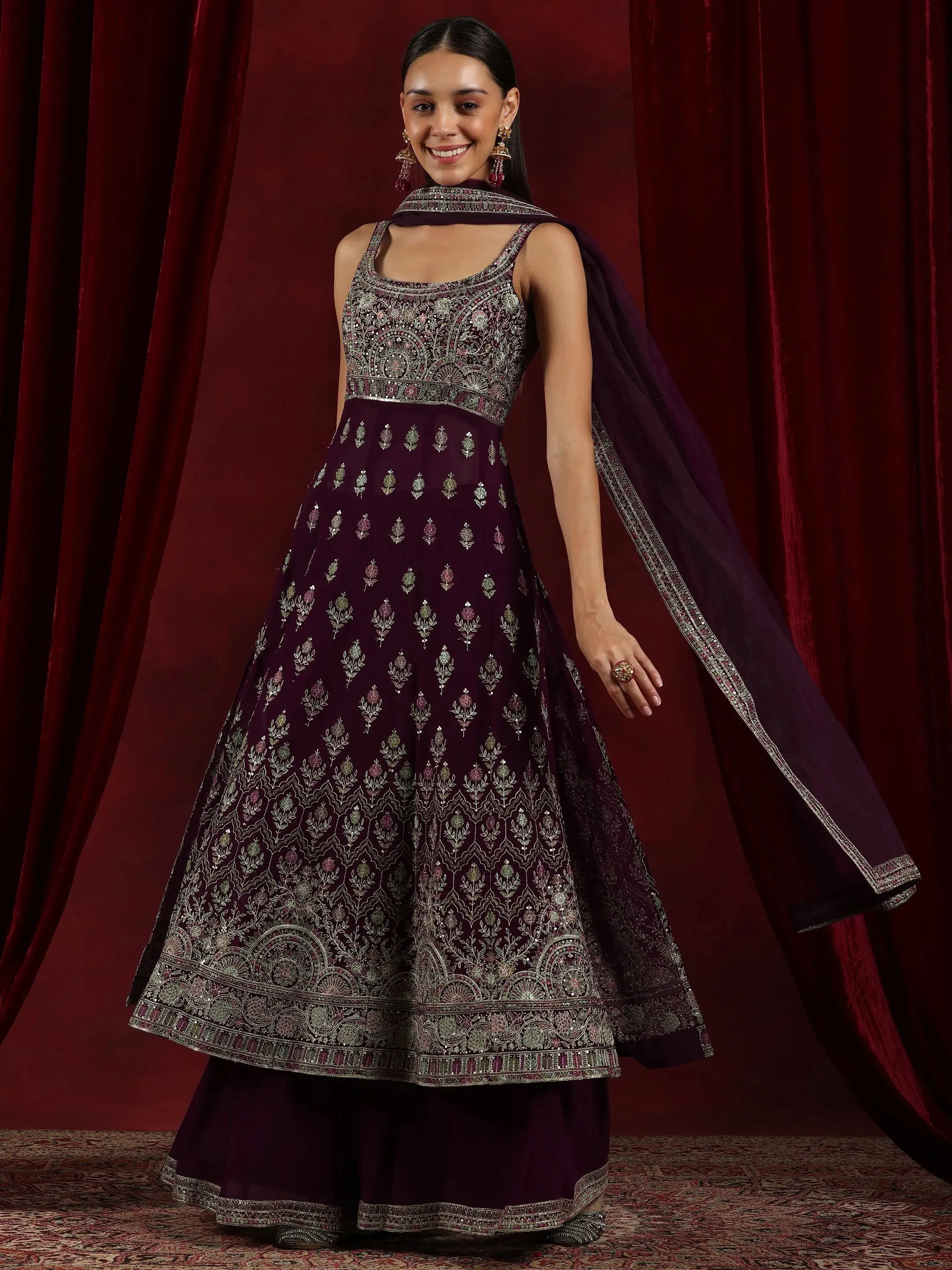 Mehreen Libas Art Wine Embroidered Georgette A-Line Kurta With Palazzos & Dupatta