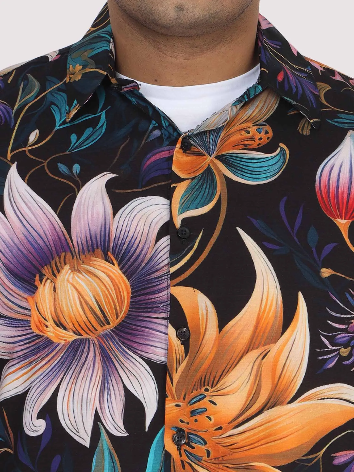 Men Plus Size Blue Floral Digital Printed Half Shirt