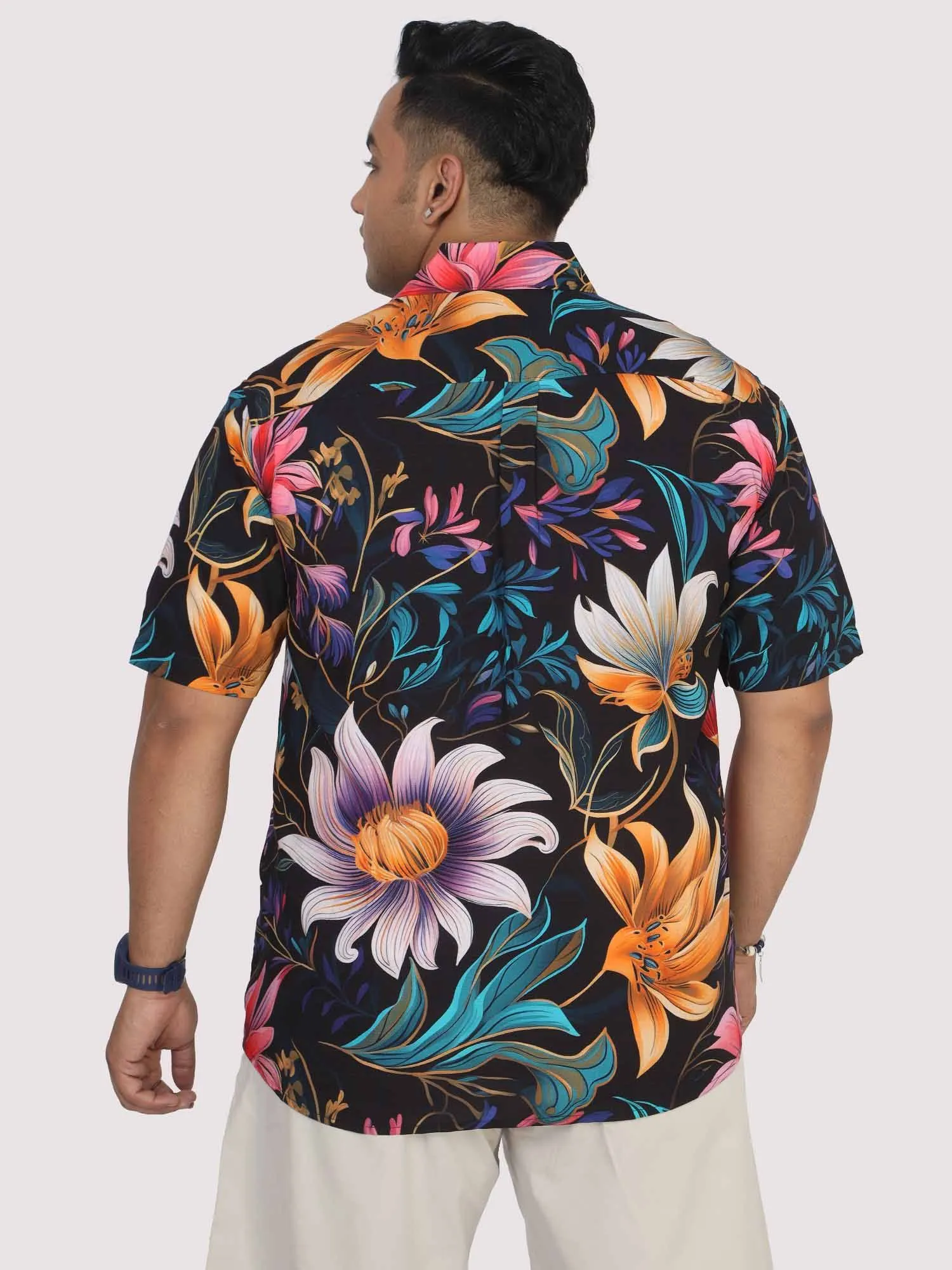 Men Plus Size Blue Floral Digital Printed Half Shirt