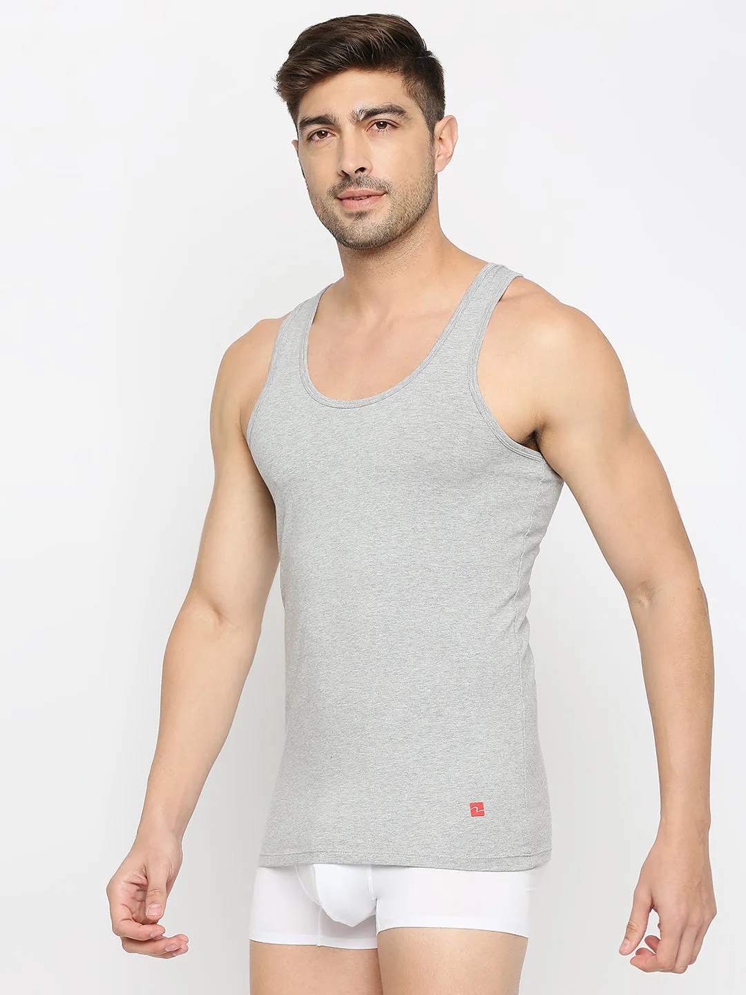 Men Premium Grey Melange Cotton Blend Vest- Underjeans By Spykar