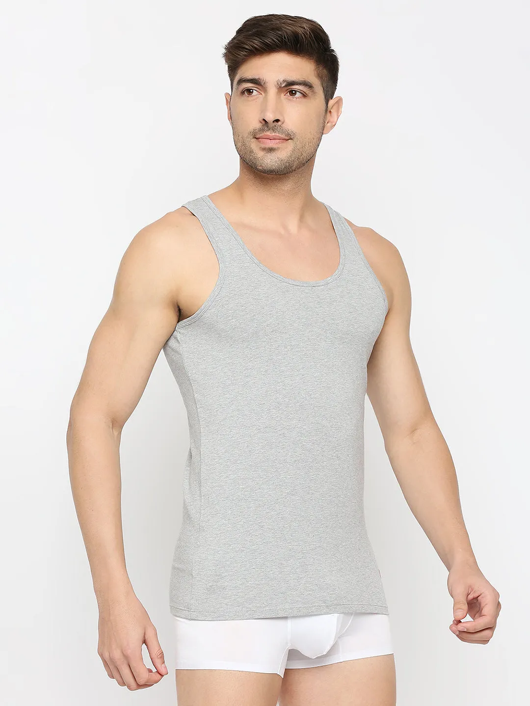 Men Premium Grey Melange Cotton Blend Vest- Underjeans By Spykar