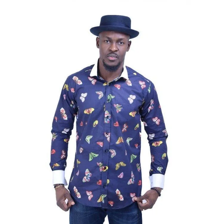 Men's LongSleeve Casual Shirt With Butterfly Design - Blue