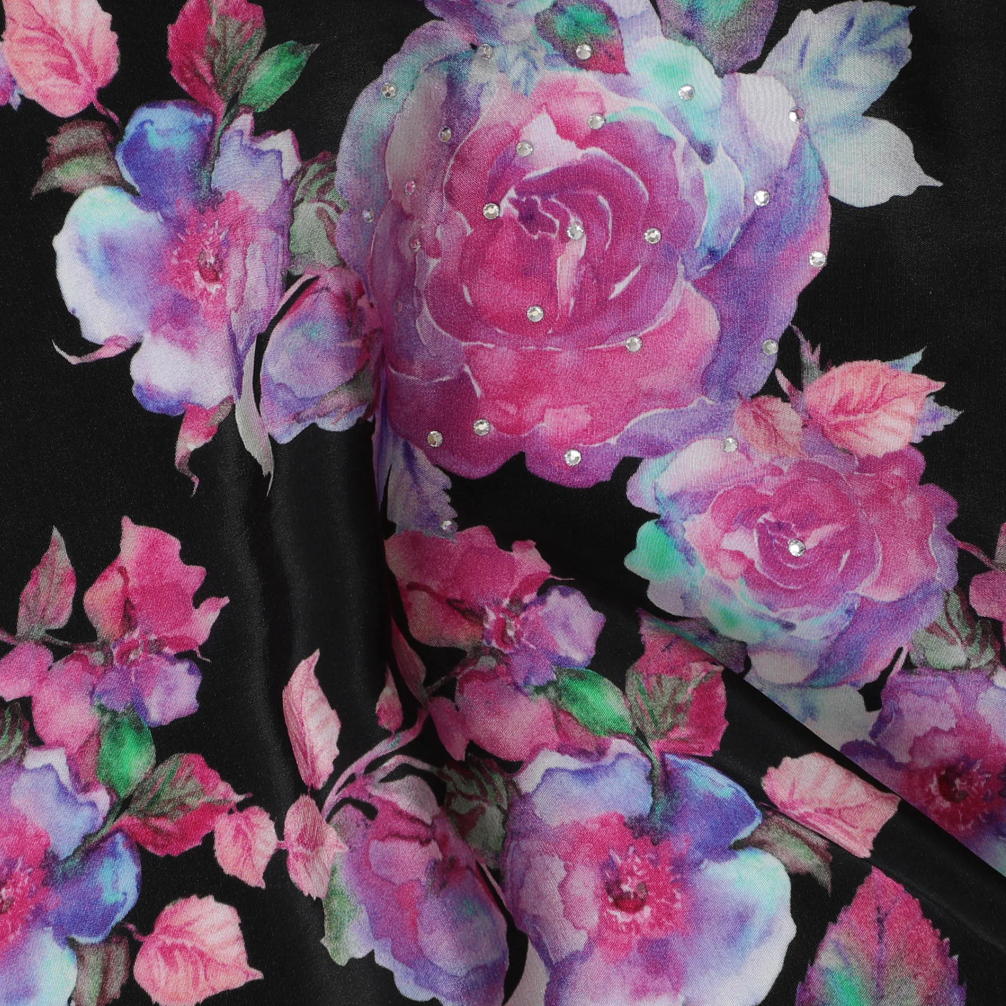 Midnight Black Crepe Fabric with Vivid Pink Rose Prints and Stone Embellishments, 110 cm Width - Imported from India-D20249