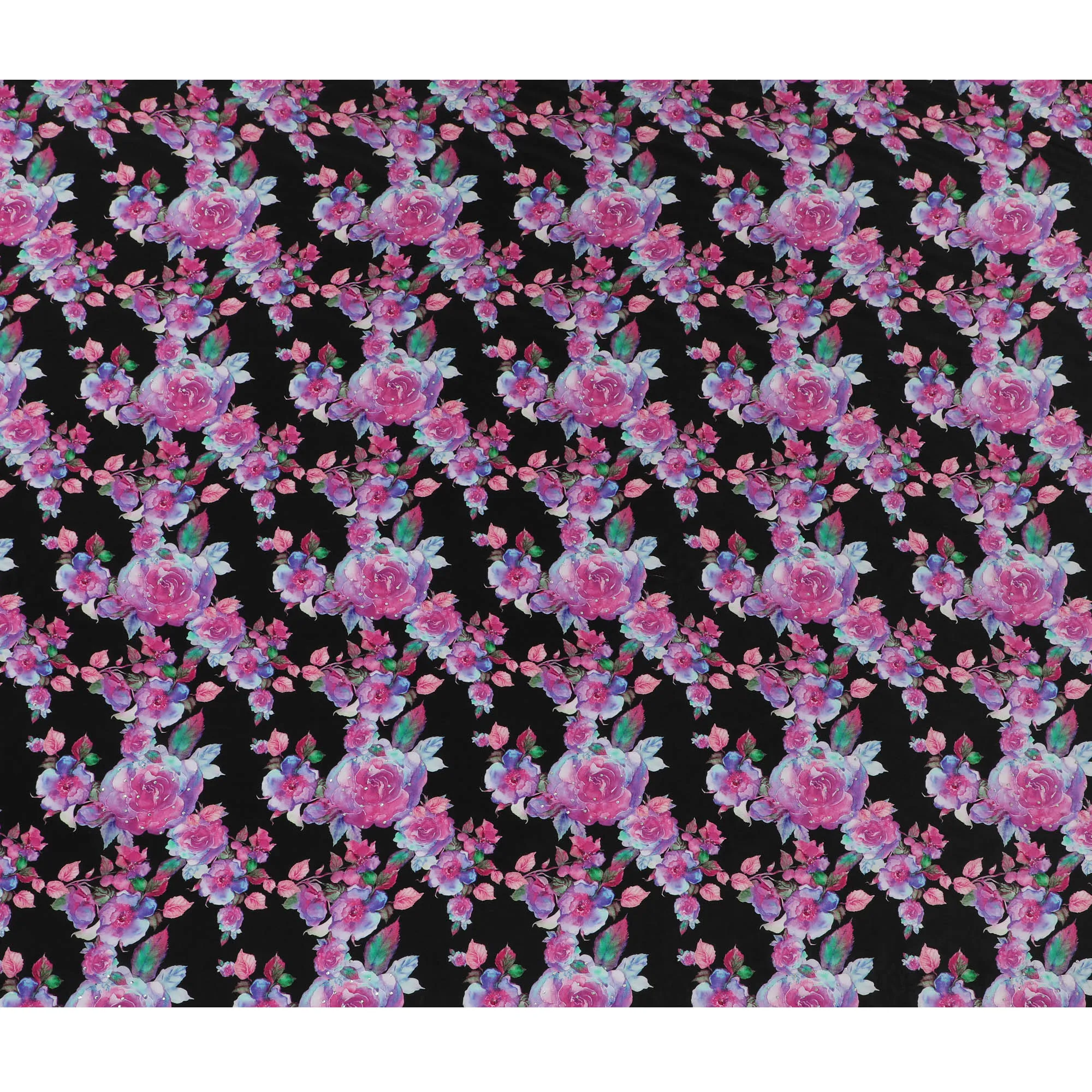 Midnight Black Crepe Fabric with Vivid Pink Rose Prints and Stone Embellishments, 110 cm Width - Imported from India-D20249