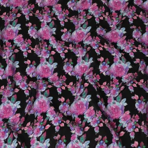 Midnight Black Crepe Fabric with Vivid Pink Rose Prints and Stone Embellishments, 110 cm Width - Imported from India-D20249