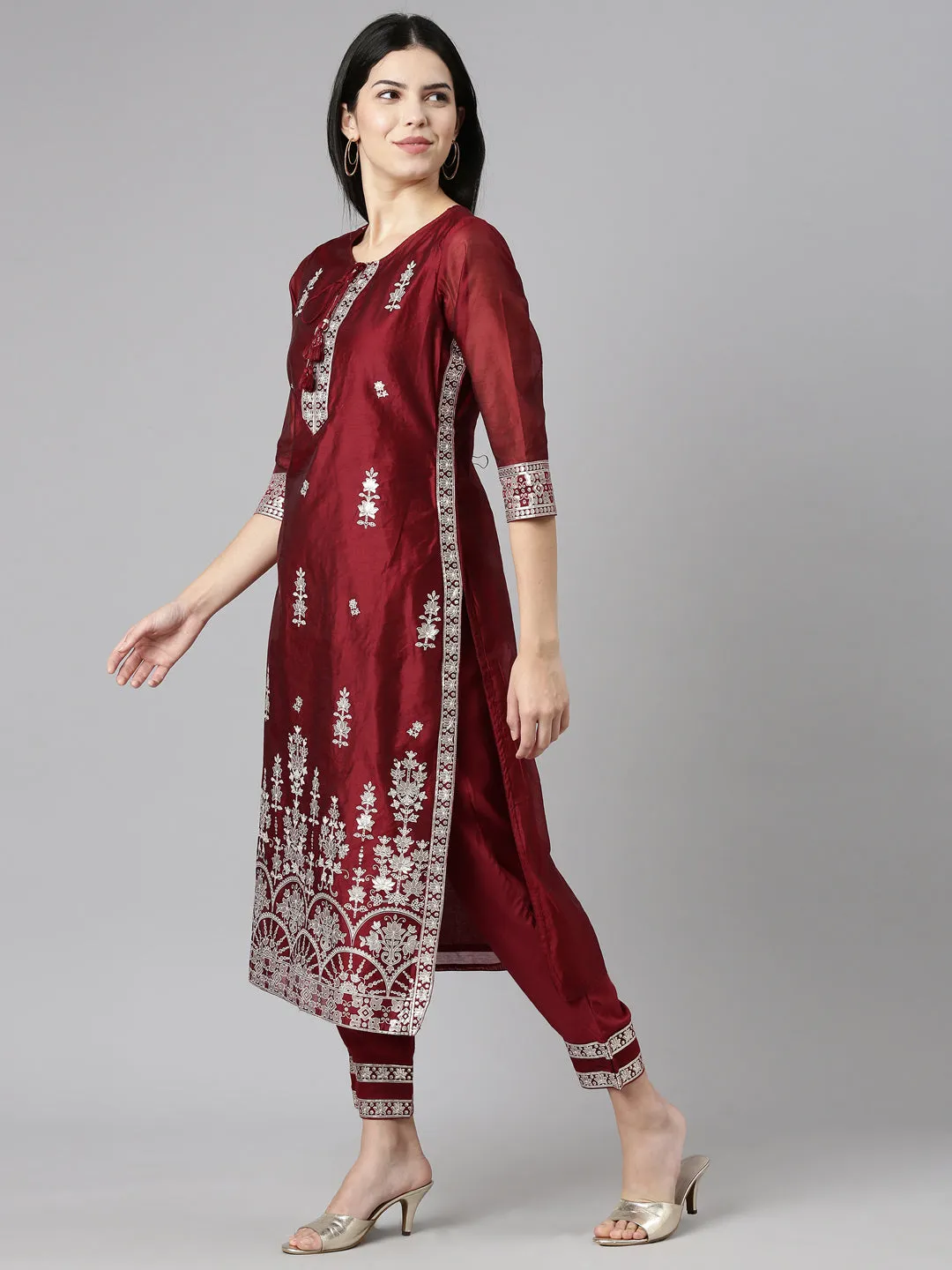 Neeru's Maroon Regular Straight Embroidered Readymade suits