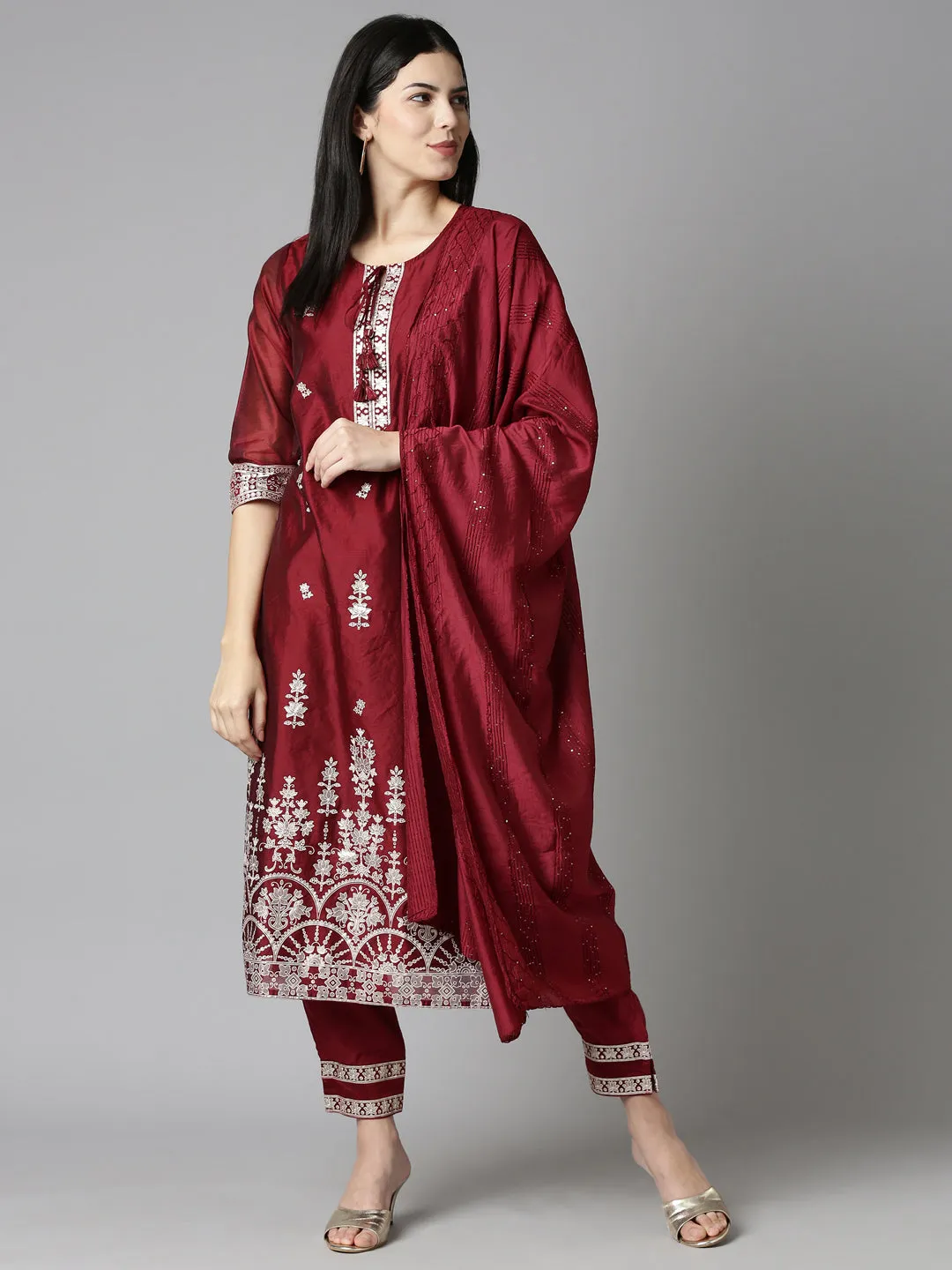 Neeru's Maroon Regular Straight Embroidered Readymade suits