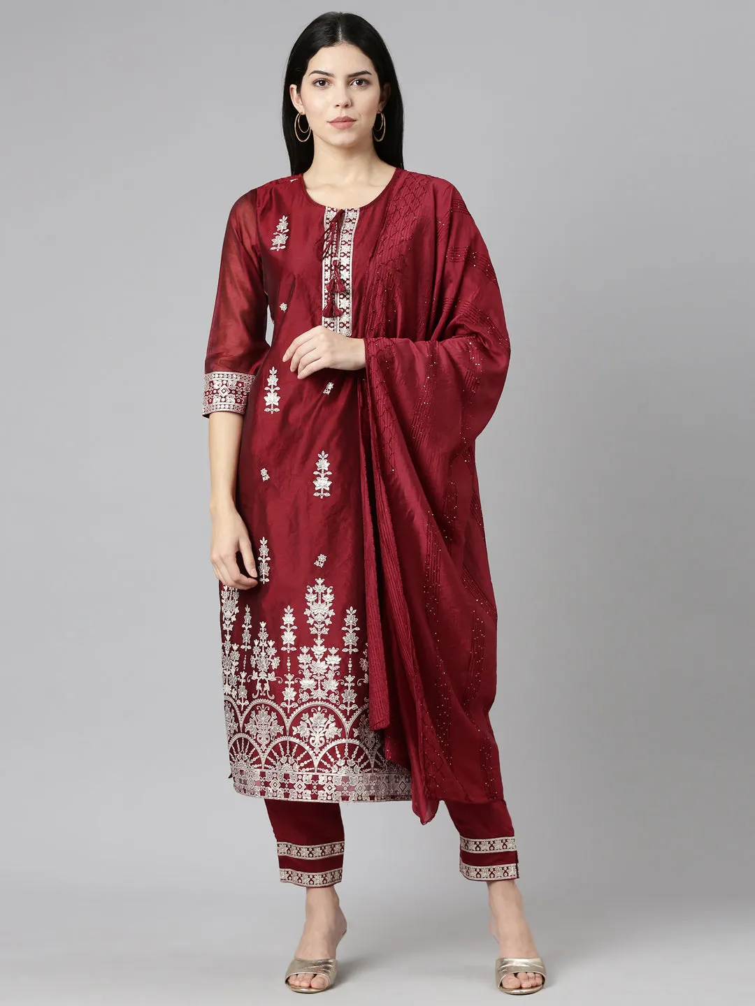 Neeru's Maroon Regular Straight Embroidered Readymade suits