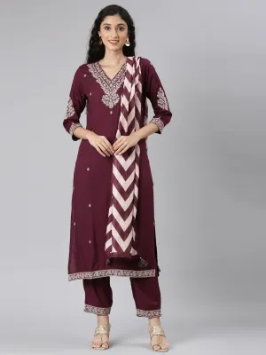 Neerus Purple Straight Casual Solid Kurta and Trouser with Dupatta