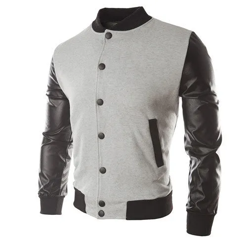 New Men Sweater PU Leather Collar Sweater Personalized Baseball Stitching Clothes Man Jacket Plus Size M-4XL