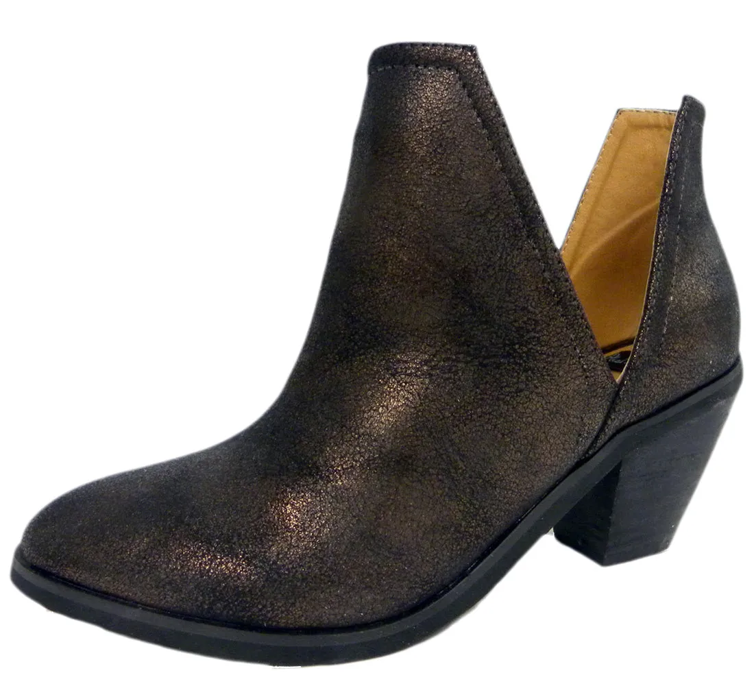 N.Y.L.A. Women's Western Shimmer Stacked Chunky Heel Open Side Ankle Bootie