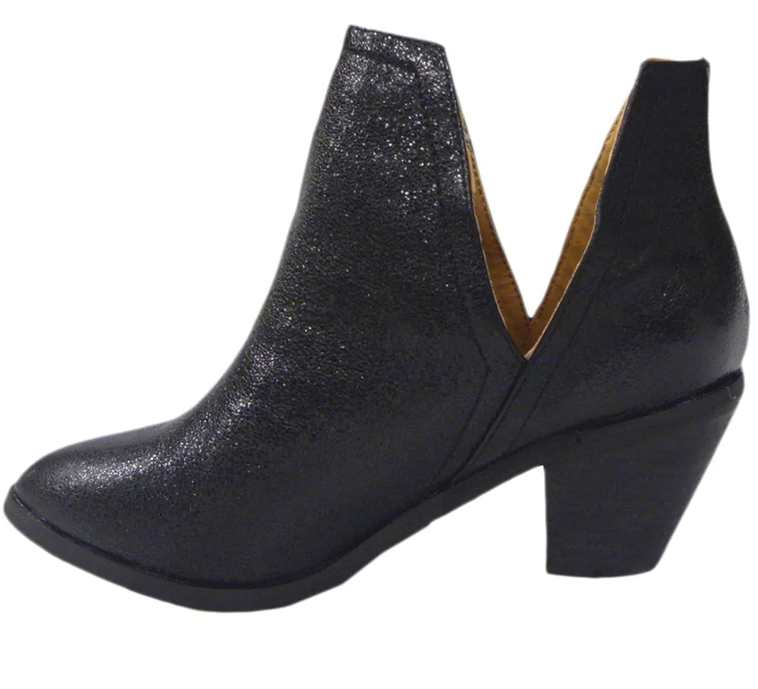 N.Y.L.A. Women's Western Shimmer Stacked Chunky Heel Open Side Ankle Bootie