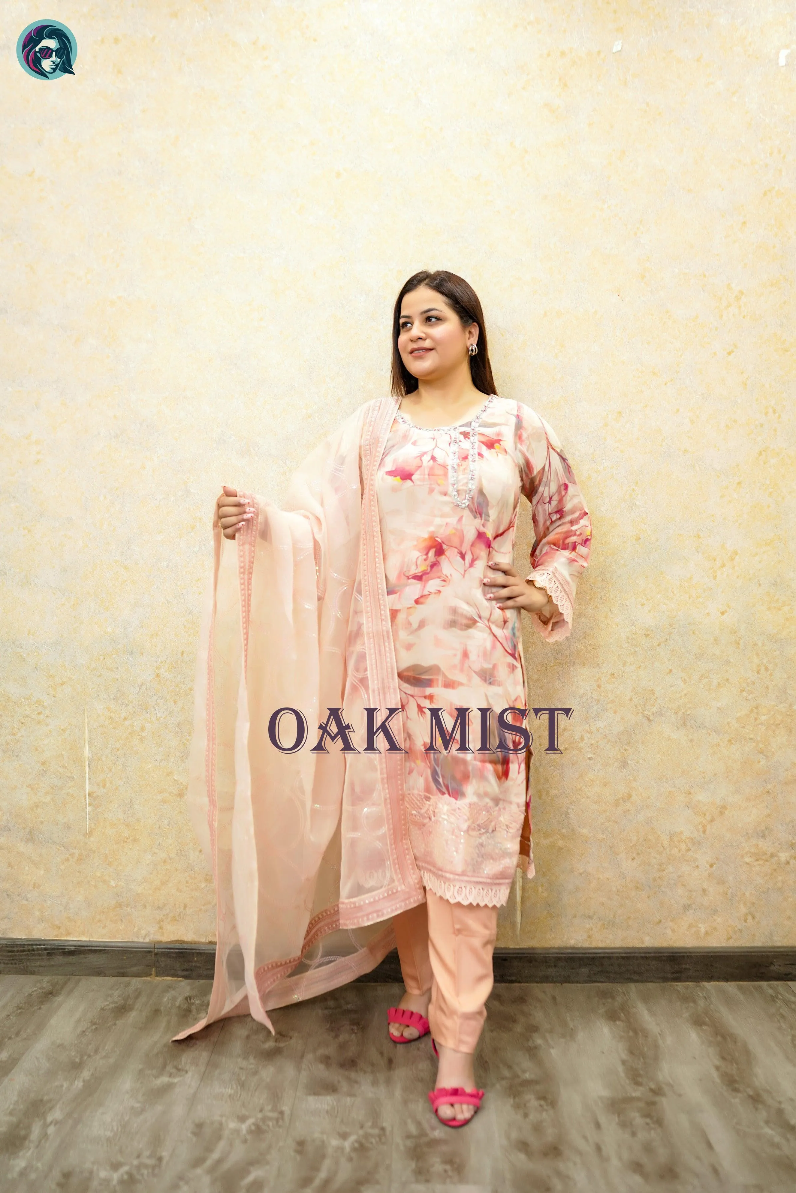 Oak Mist Organza 3-Piece Embroidered Suit Set with Matching Dupatta