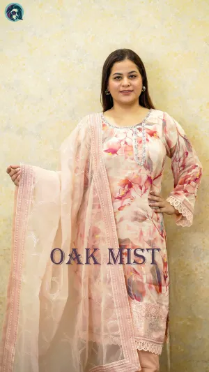 Oak Mist Organza 3-Piece Embroidered Suit Set with Matching Dupatta