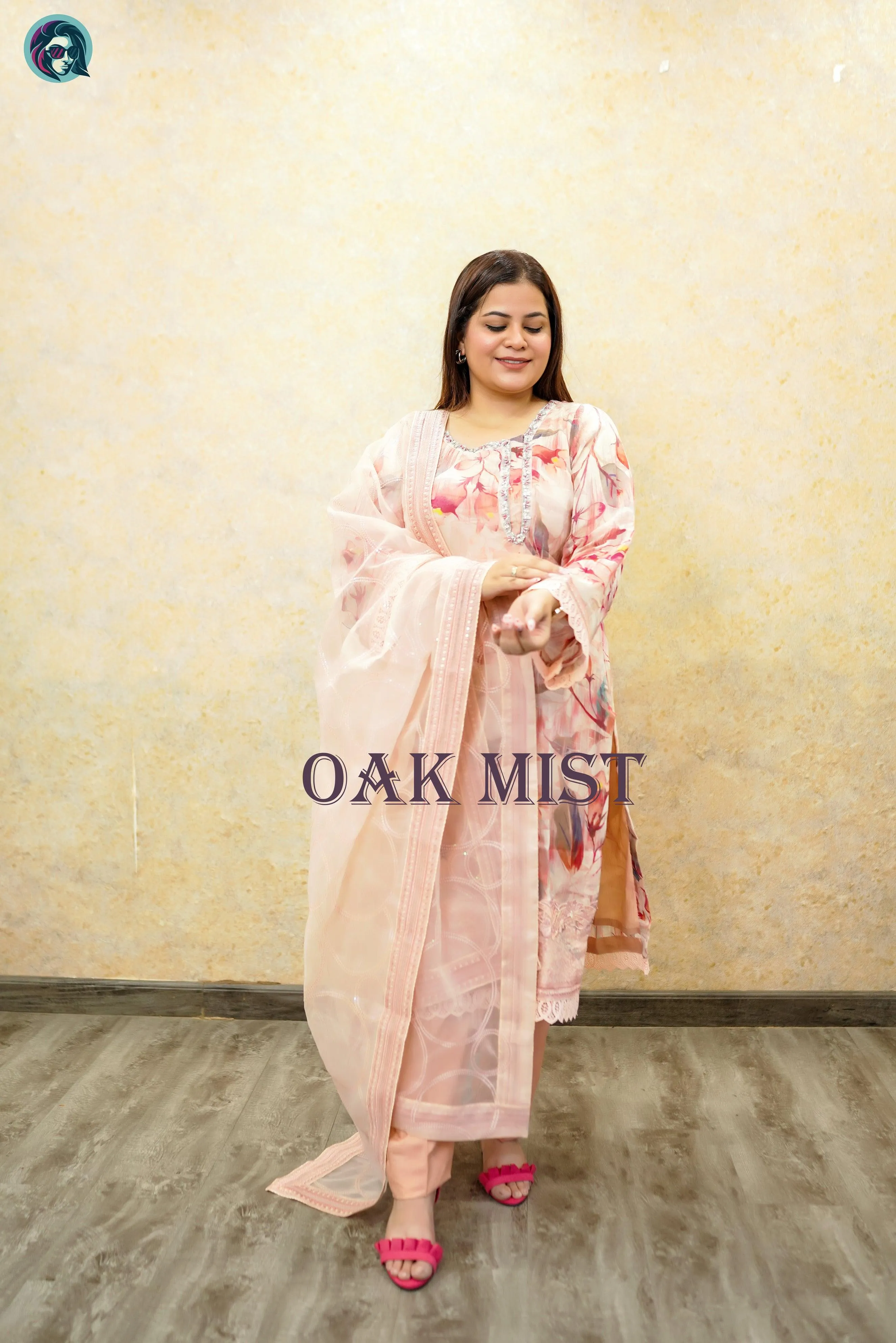 Oak Mist Organza 3-Piece Embroidered Suit Set with Matching Dupatta