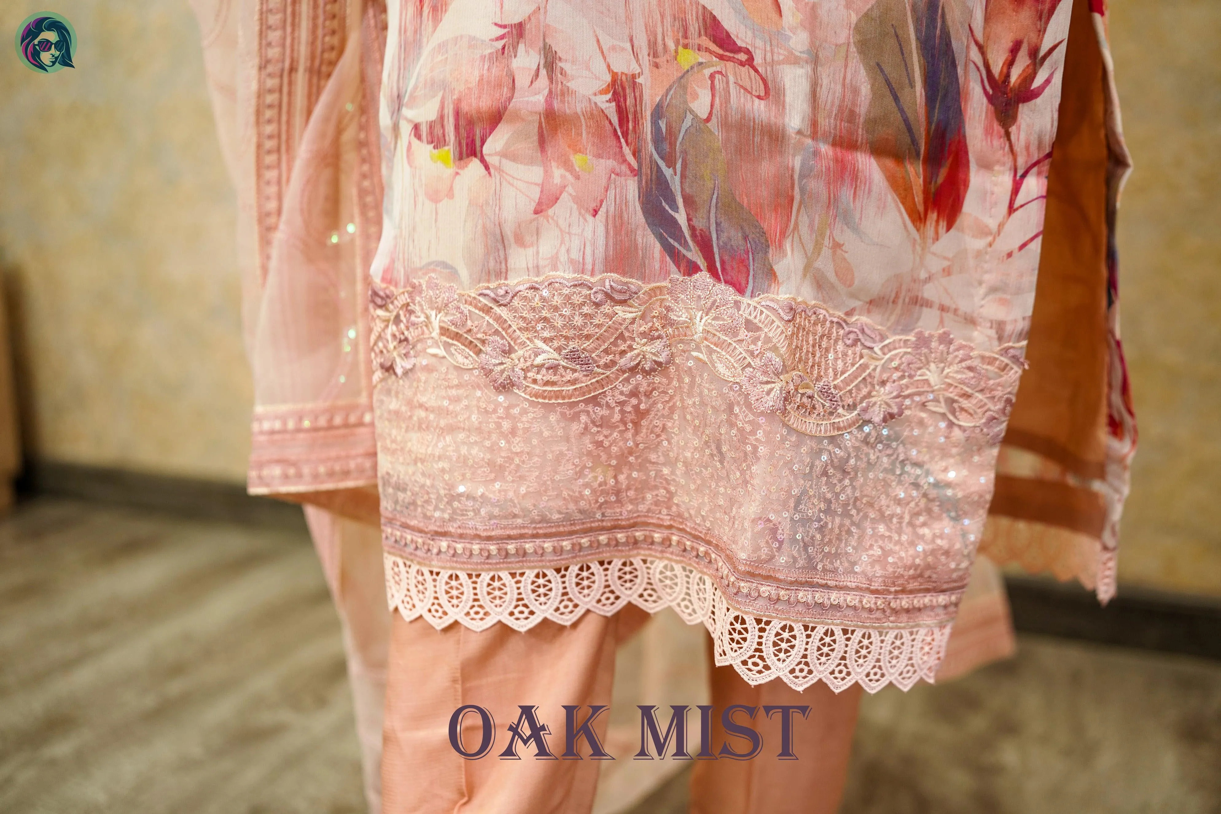 Oak Mist Organza 3-Piece Embroidered Suit Set with Matching Dupatta