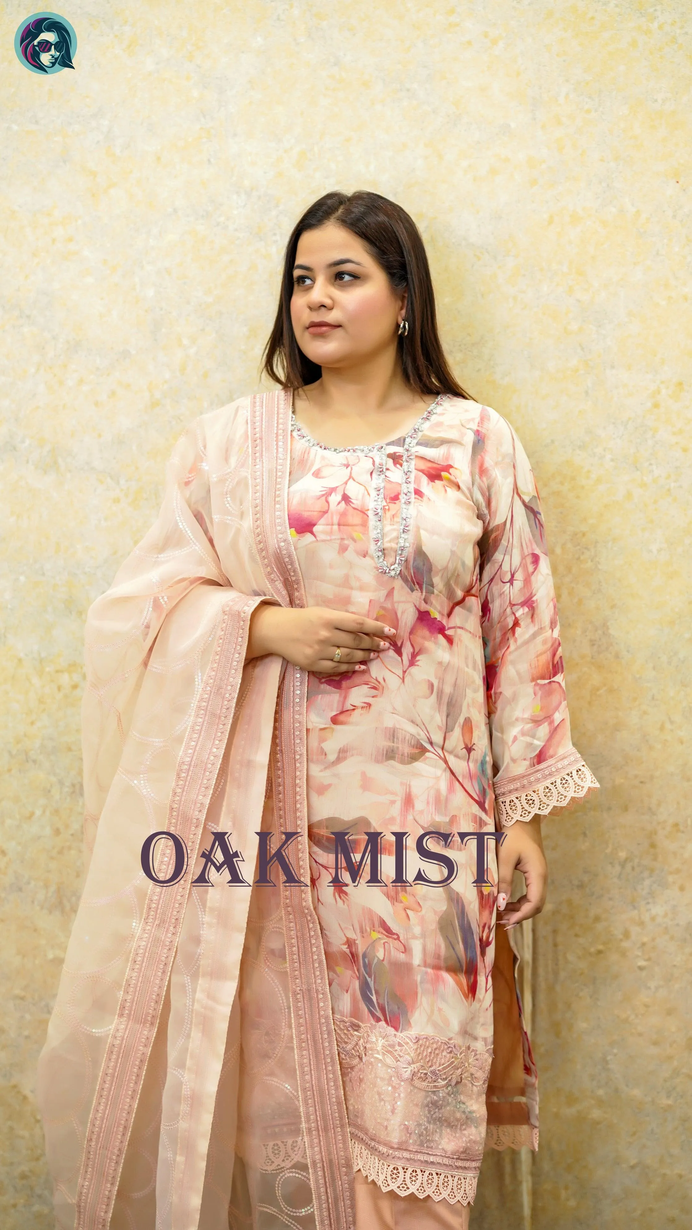 Oak Mist Organza 3-Piece Embroidered Suit Set with Matching Dupatta