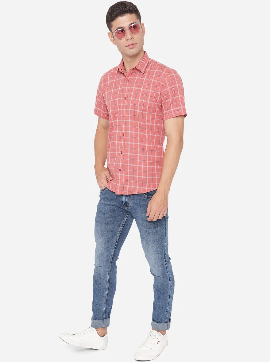 Peach Checked Slim Fit Casual Shirt | Greenfibre