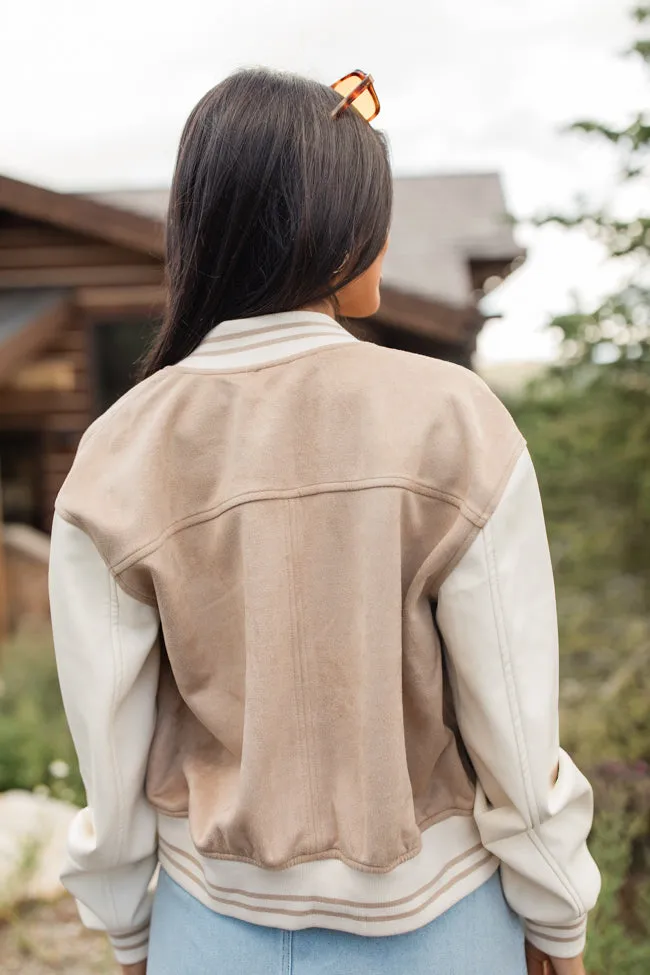 Play The Game Khaki Faux Suede and Leather Varsity Jacket FINAL SALE