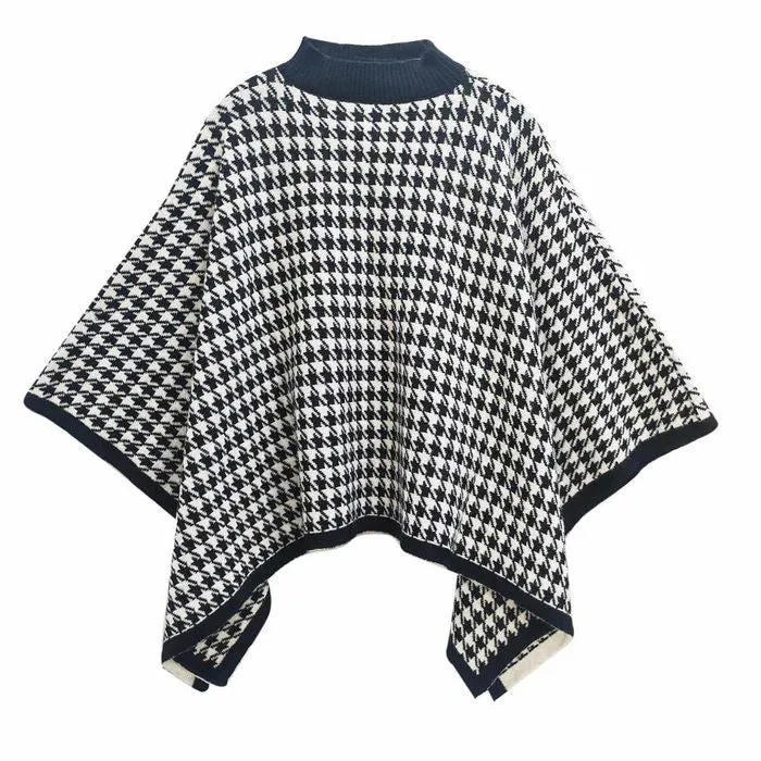 Poncho Houndstooth Knit Black and White for Women