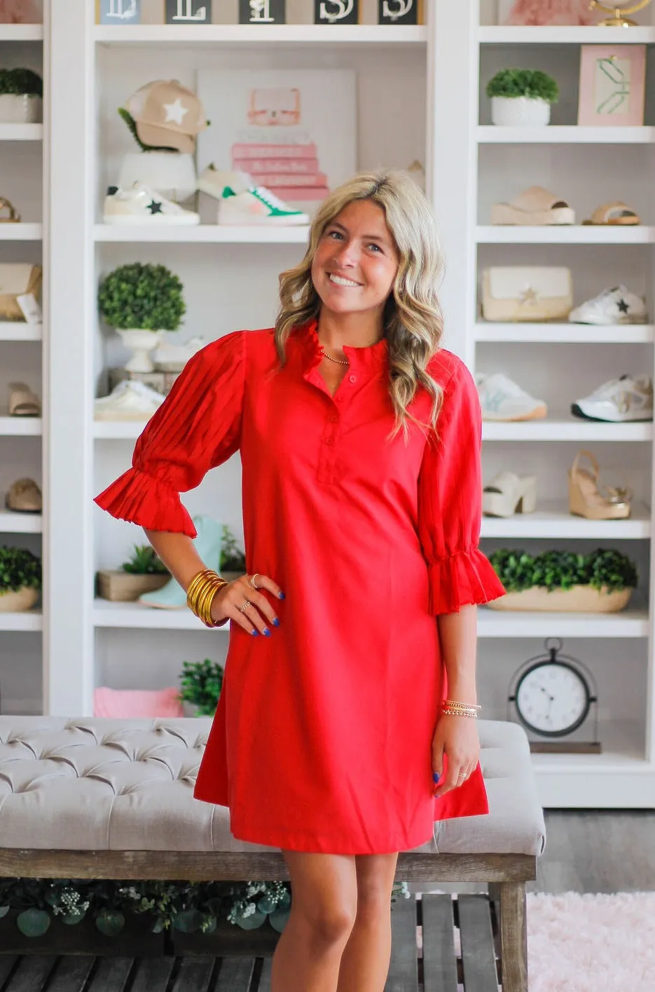 Red Pleated Shift Dress