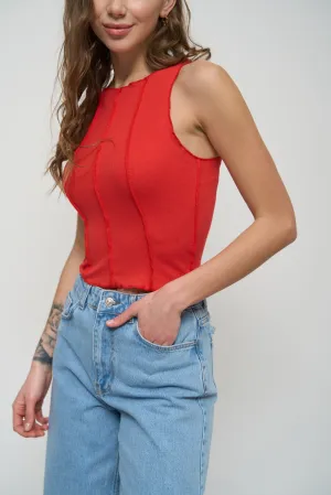 Red Ribbed Seam Detail Top