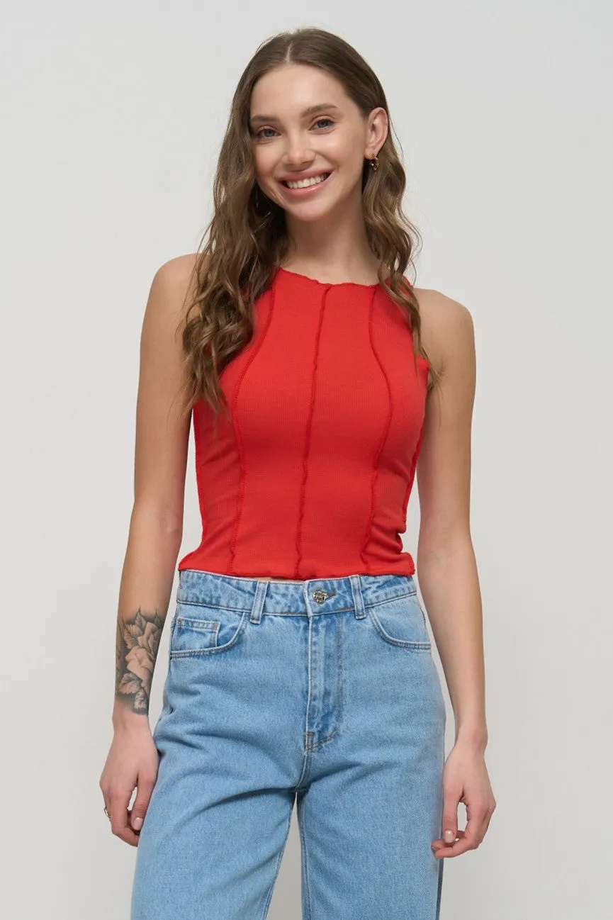 Red Ribbed Seam Detail Top