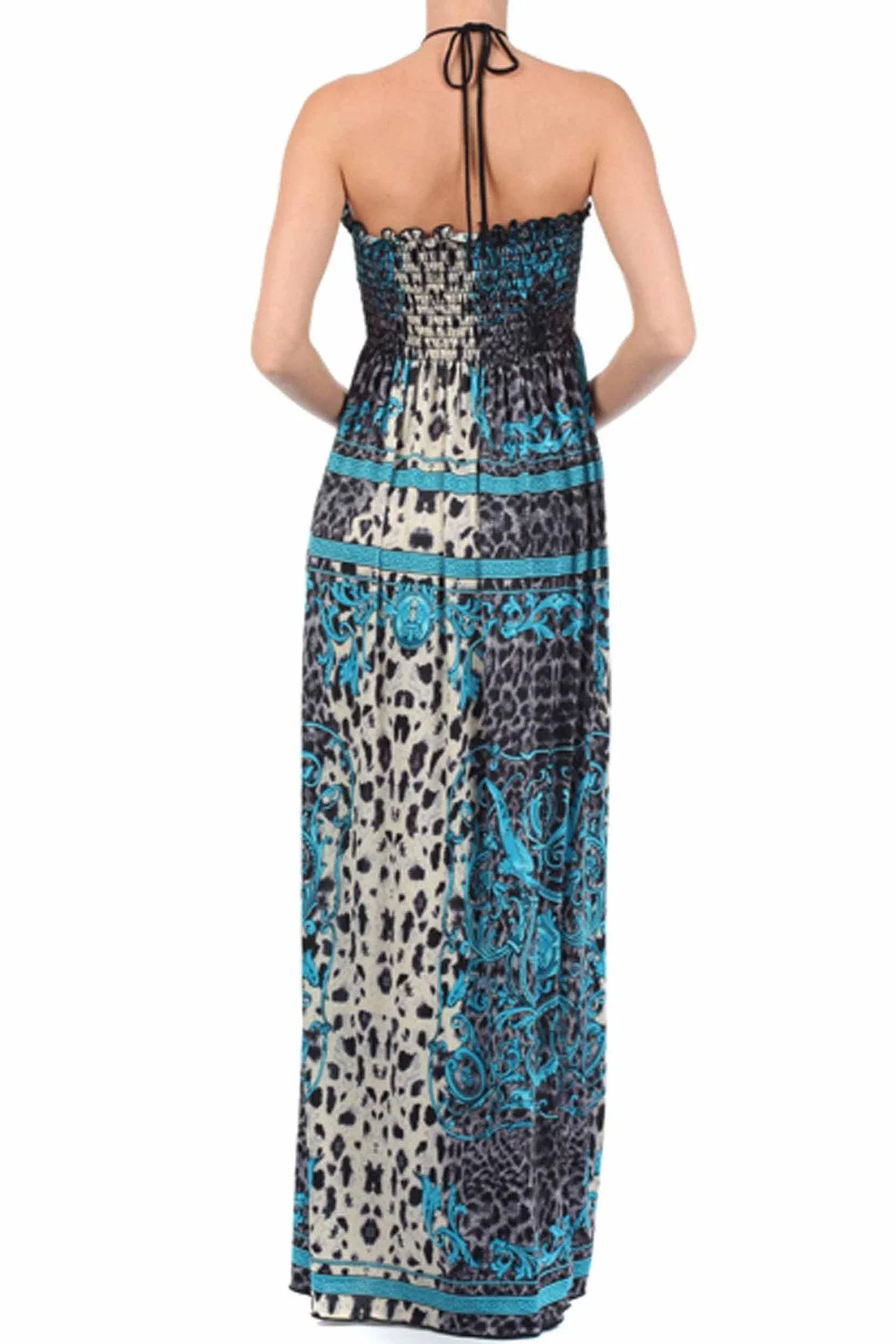 Sakkas Leopard Print Beaded Halter Smocked Bodice Maxi Dress