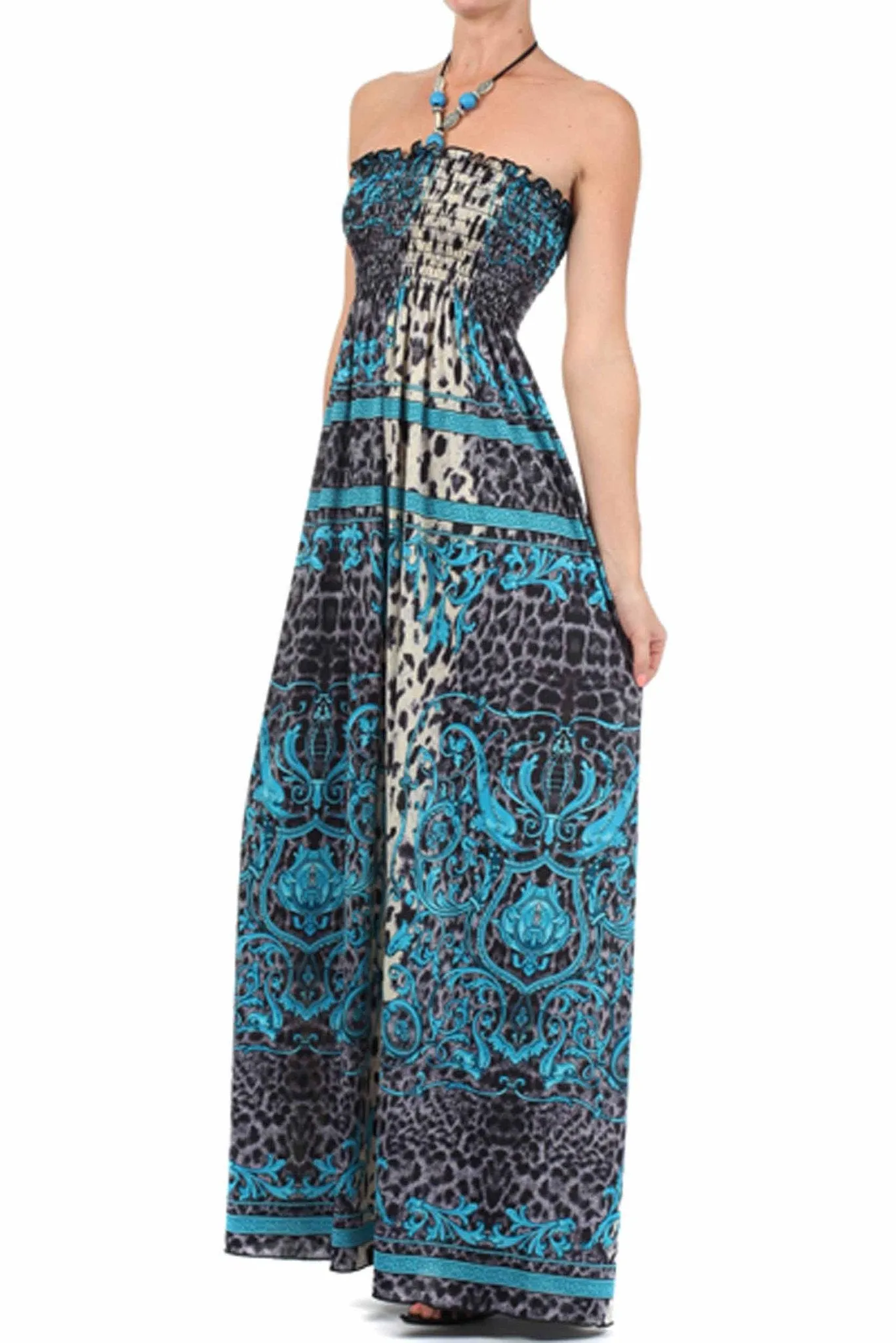 Sakkas Leopard Print Beaded Halter Smocked Bodice Maxi Dress