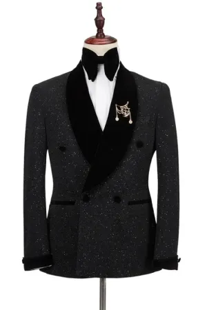 Steward Timeless Black Sequined Double Breasted Wedding Suit With Velvet Shawl Collar