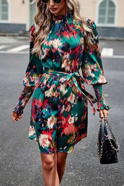 Stylish Mock Neck Print Dress with Tie Waist