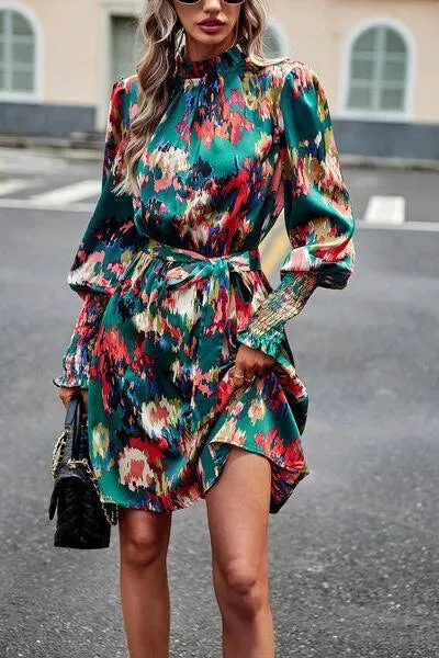 Stylish Mock Neck Print Dress with Tie Waist