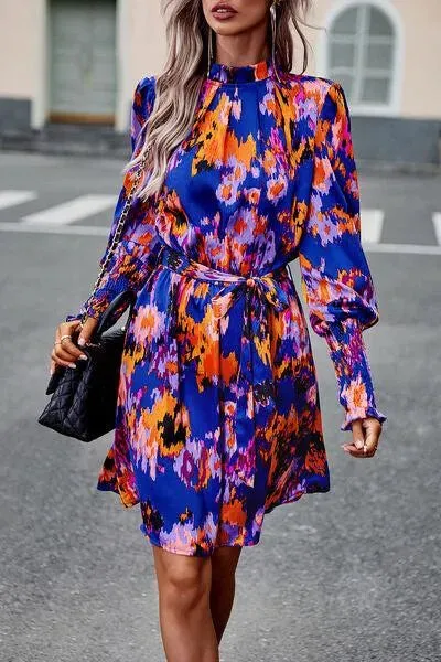 Stylish Mock Neck Print Dress with Tie Waist