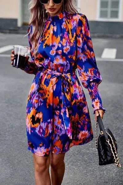 Stylish Mock Neck Print Dress with Tie Waist