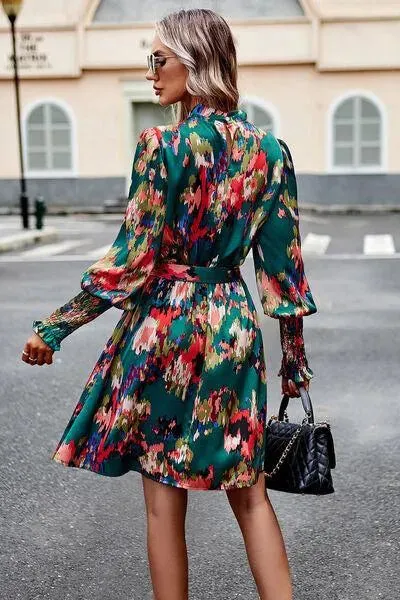 Stylish Mock Neck Print Dress with Tie Waist