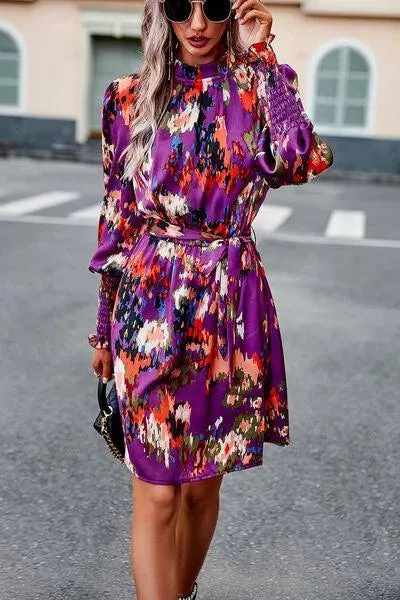 Stylish Mock Neck Print Dress with Tie Waist