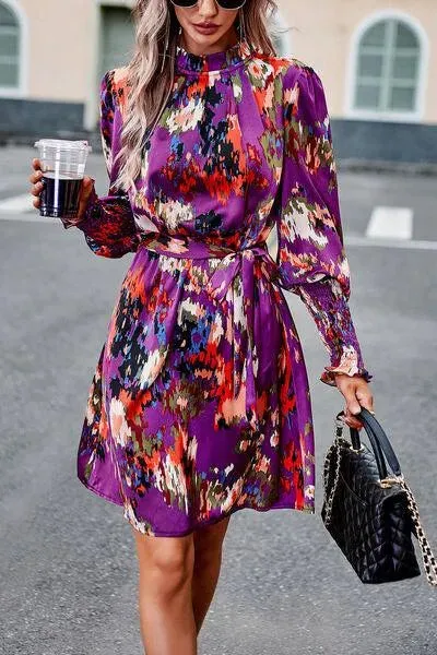 Stylish Mock Neck Print Dress with Tie Waist