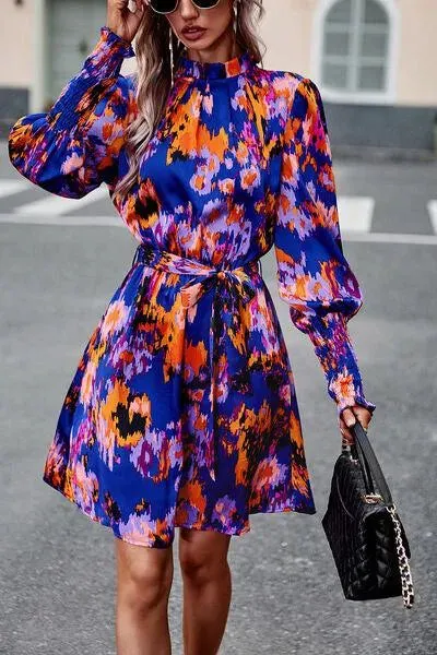 Stylish Mock Neck Print Dress with Tie Waist