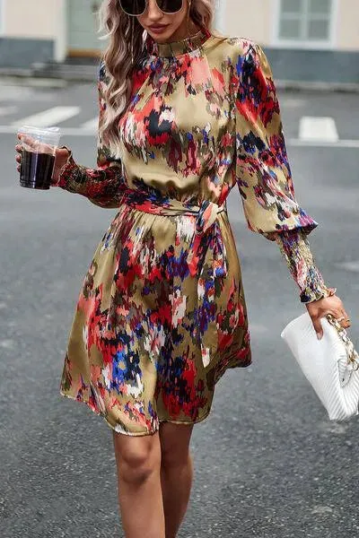 Stylish Mock Neck Print Dress with Tie Waist