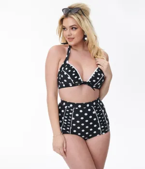 Unique Vintage Black & White Polka Dot Halter Swim Top